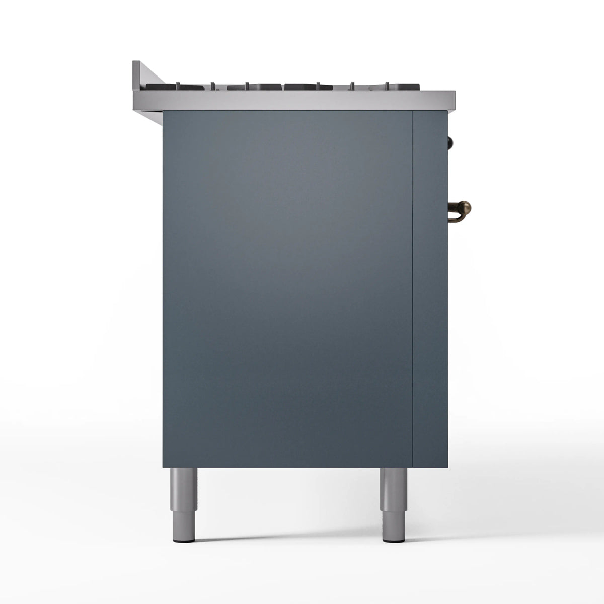 Blue grey dual fuel gas range with bronze-trim accents and burner grates, rear view.
