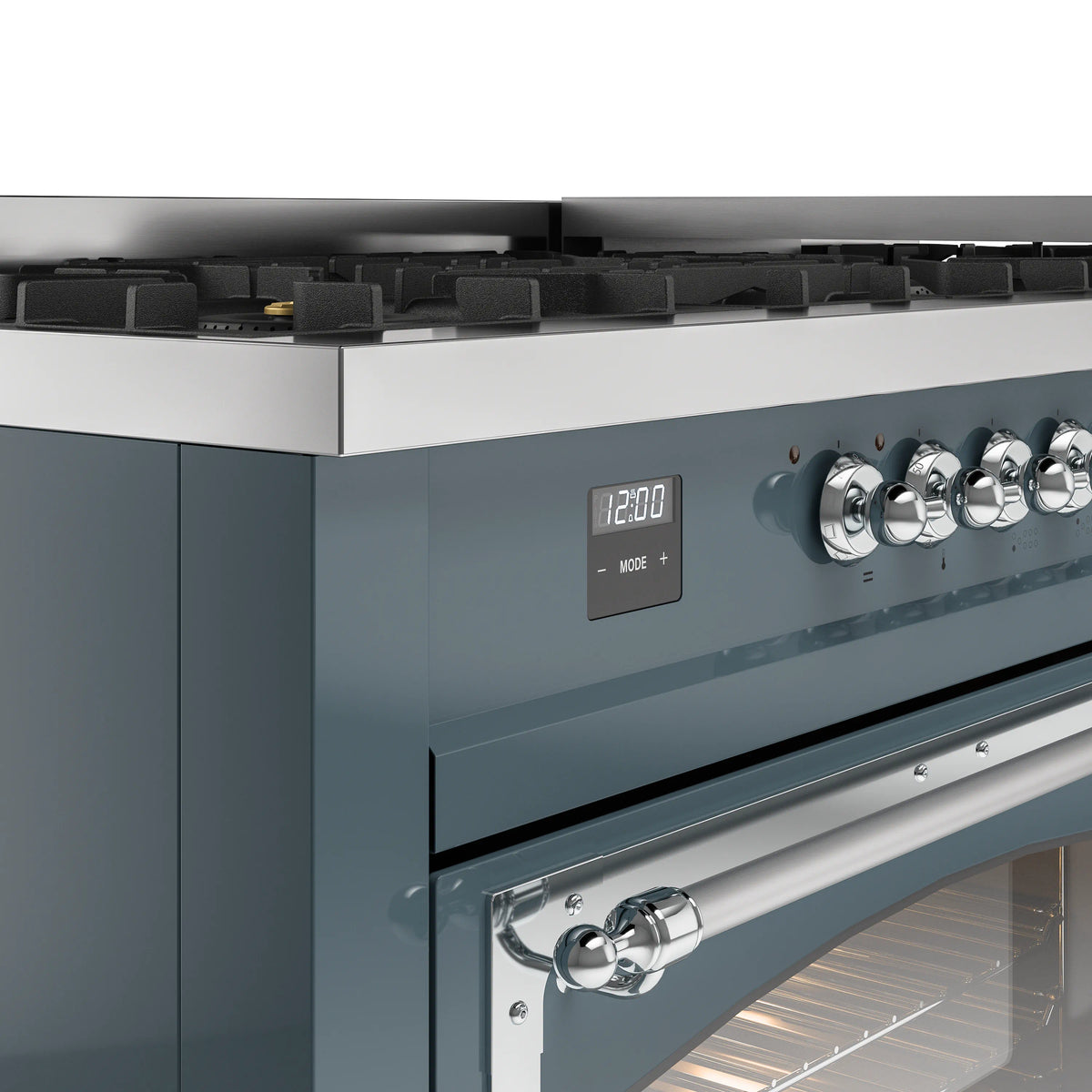 Blue-grey dual fuel range control panel with knobs and digital timer display