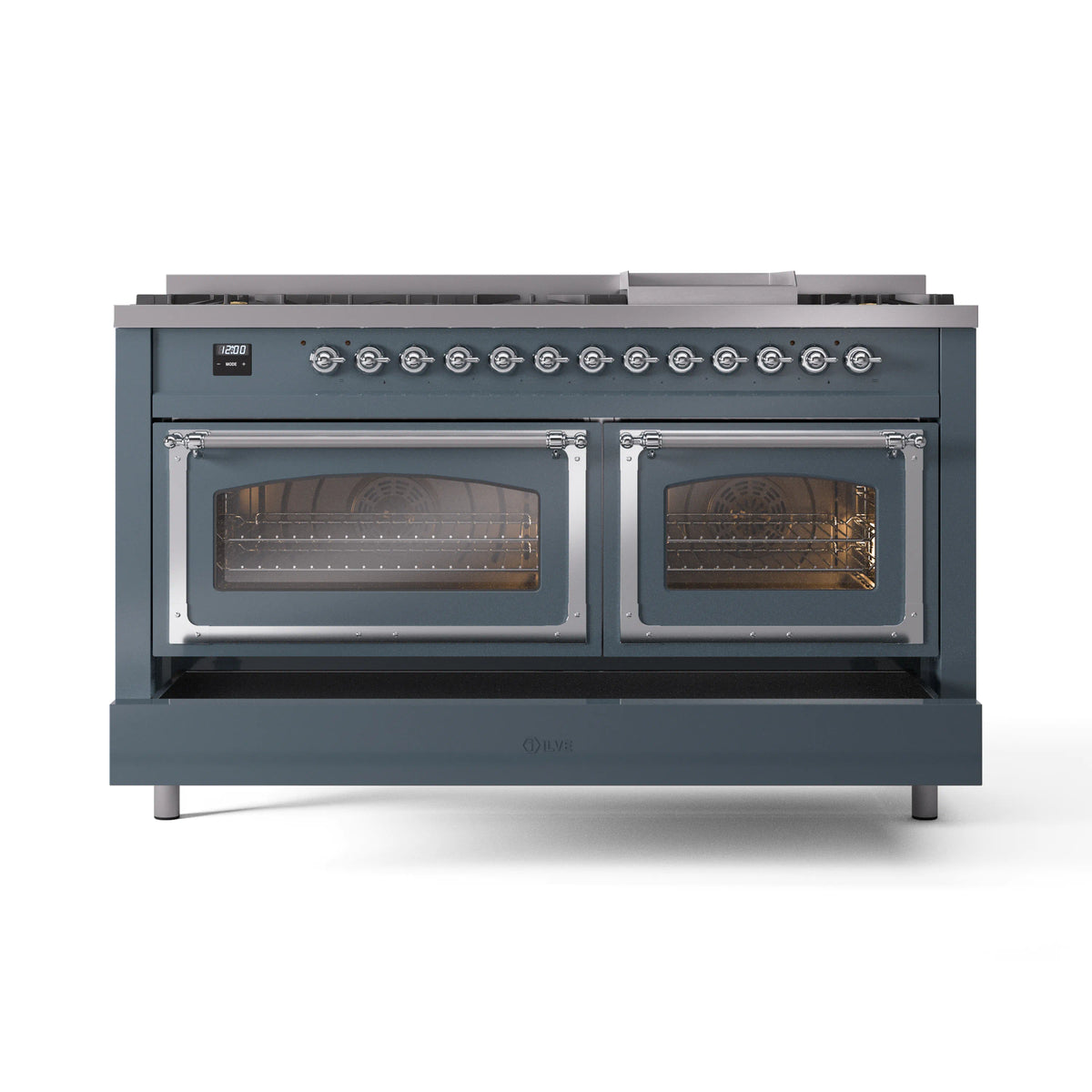 Blue-grey dual fuel range with triple glass doors, chrome trim, and closed ovens