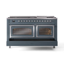 ILVE 60-Inch Nostalgie II Noblesse Propane Gas Dual Fuel Range with 9 Sealed Burners, Griddle, Triple Glass Door Oven in Blue Grey with Chrome Trim (UN60FNMPBGCLP)
