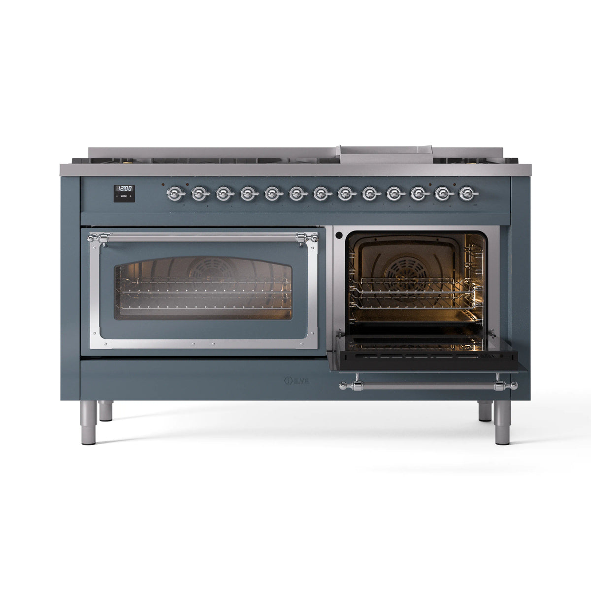 Blue-grey dual fuel range with one open oven door and chrome oven trim