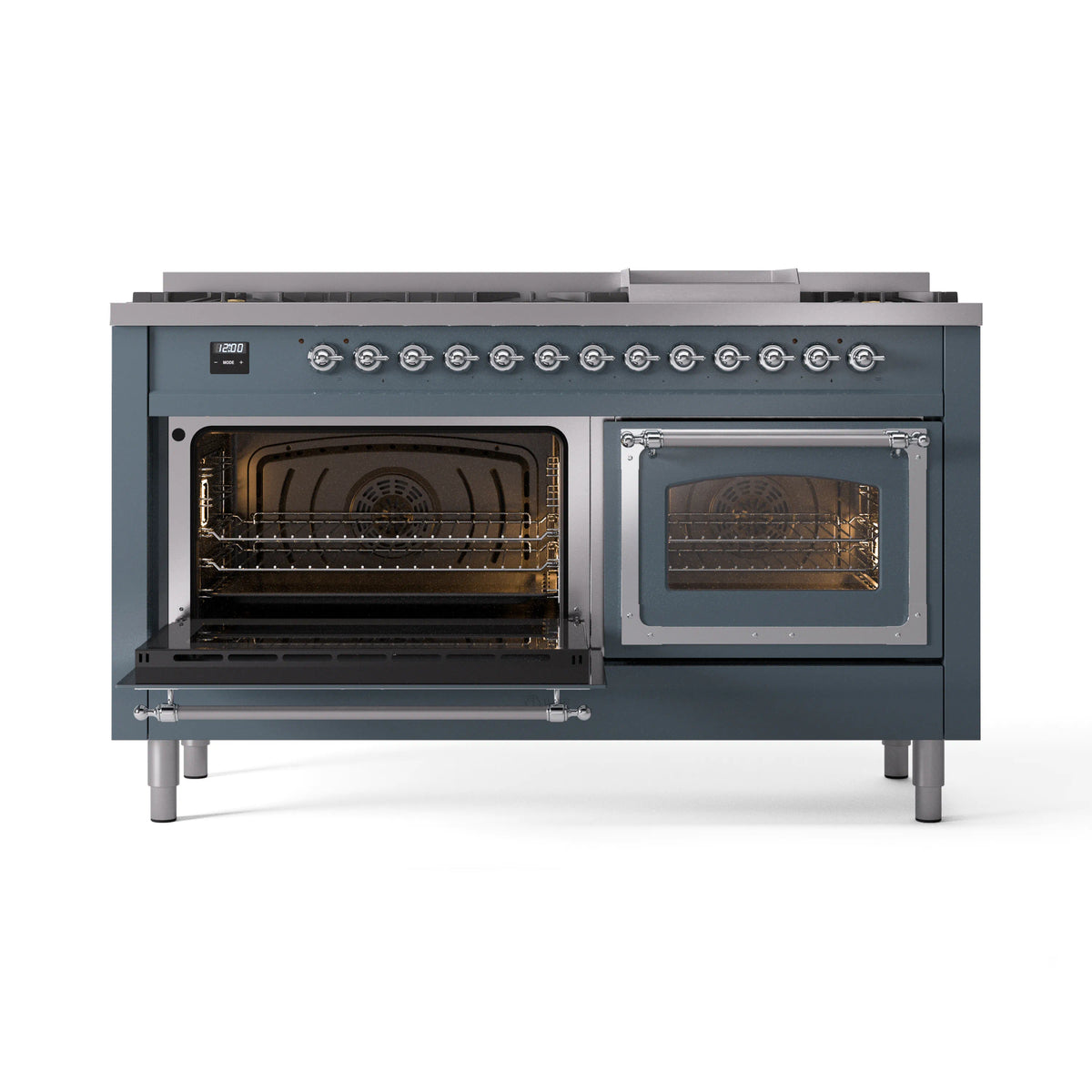 Blue grey dual fuel range with left oven open and right oven closed