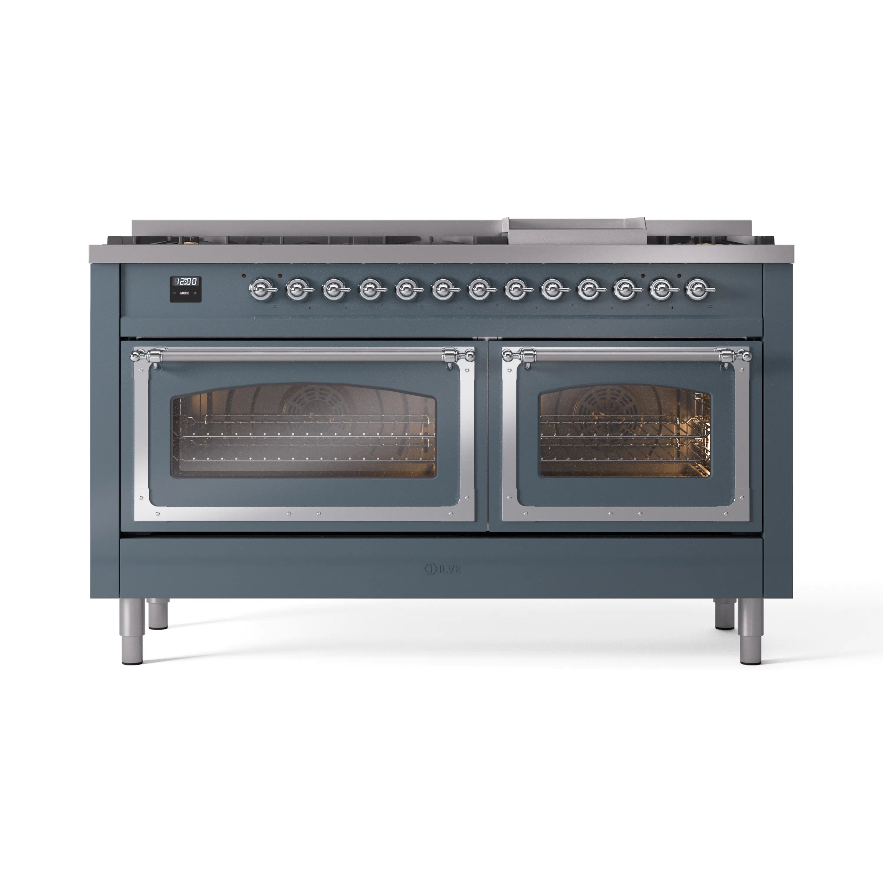 Blue grey gas dual fuel range with chrome trim, dual oven doors, and front control knobs