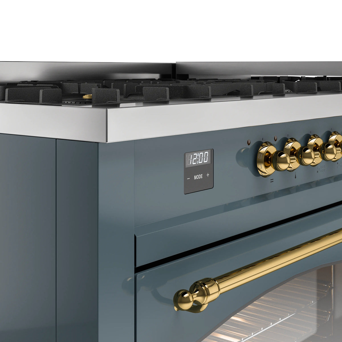ILVE freestanding dual fuel range, blue-grey control panel with brass knobs and display