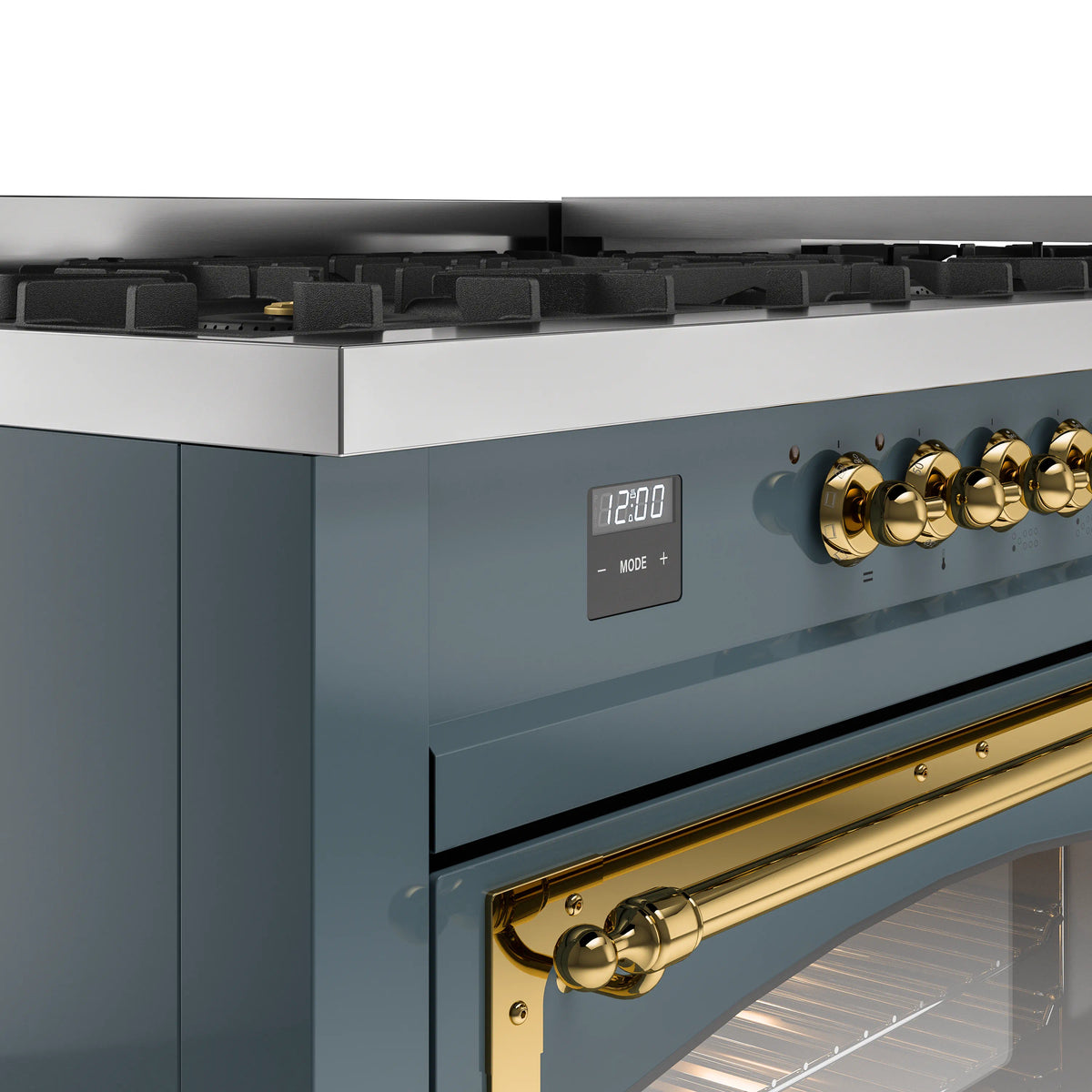 ILVE dual-fuel gas range control panel with brass knobs and digital display on blue-grey