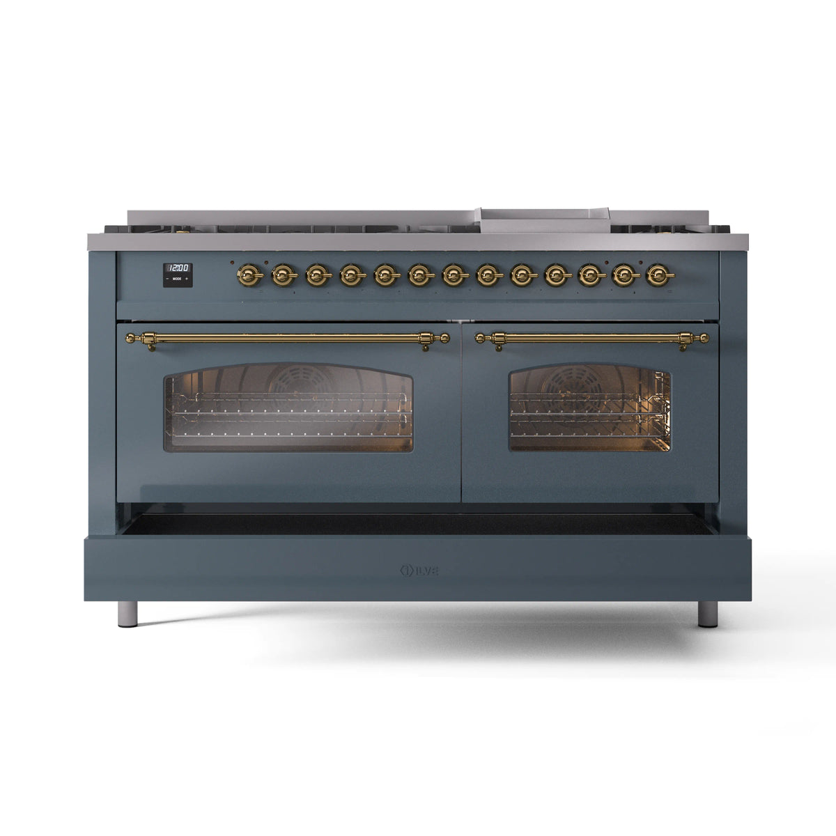 ILVE freestanding dual fuel range in blue-grey with brass handles and dual oven doors