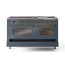 ILVE Nostalgie II 60-Inch Freestanding Natural Gas Dual Fuel Range in Blue Grey with Brass Trim (UP60FNMPBGG)