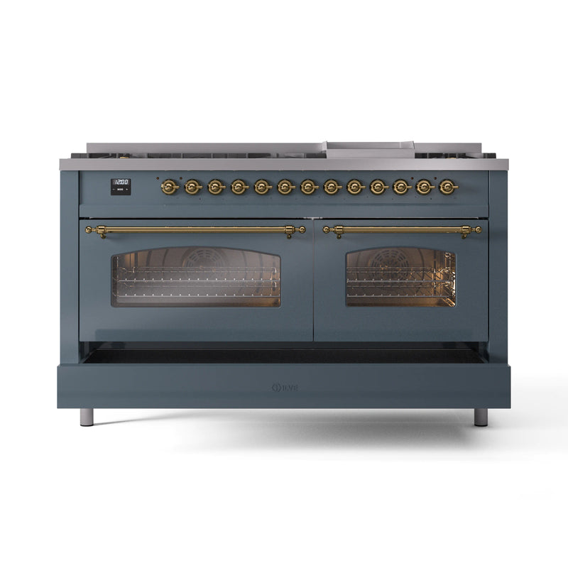 ILVE Nostalgie II 60-Inch Dual Fuel Freestanding Range in Blue Grey with Brass Trim (UP60FNMPBGG)