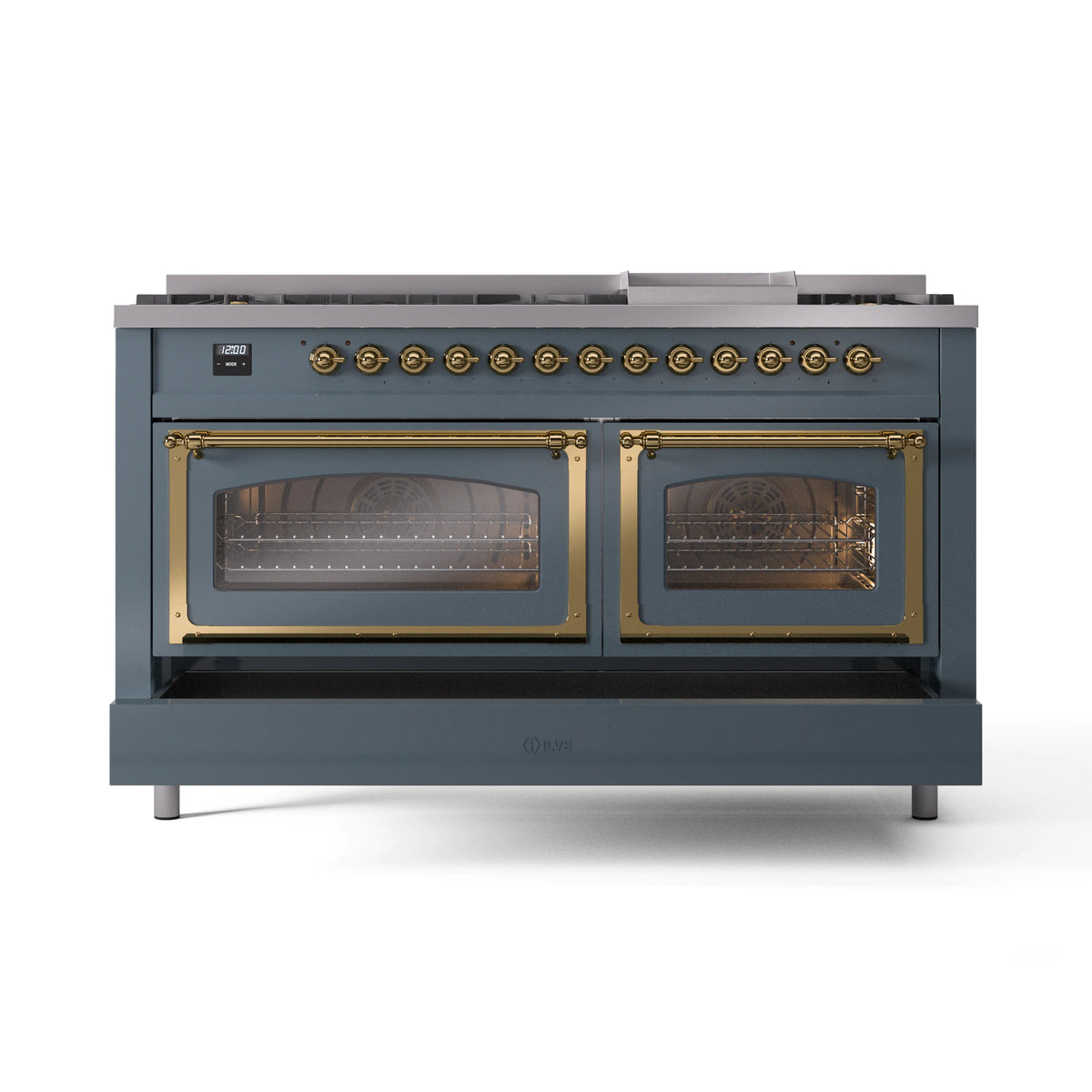 Blue-grey dual fuel range with brass trim and two glass oven doors