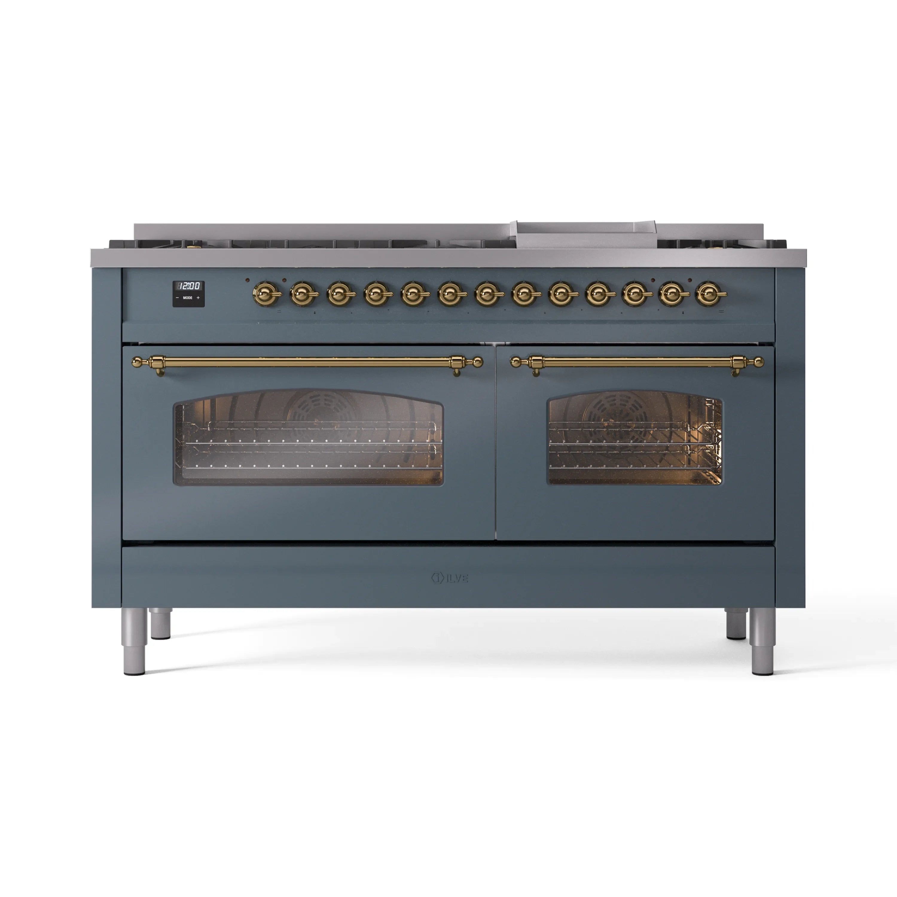 Blue-grey freestanding dual fuel range with brass knobs and two oven door windows
