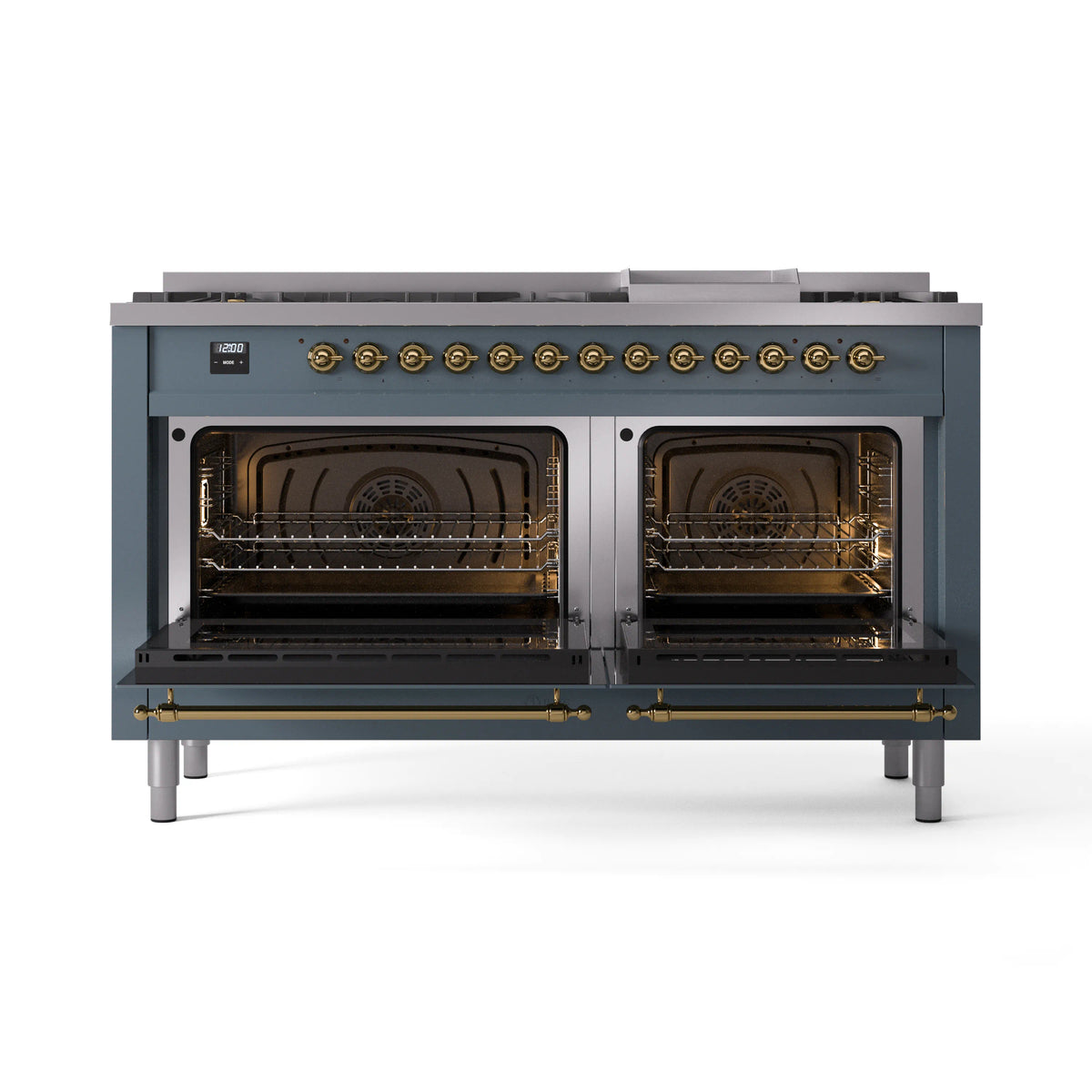 ILVE freestanding dual fuel range, blue-grey with both oven doors open showing broil and racks