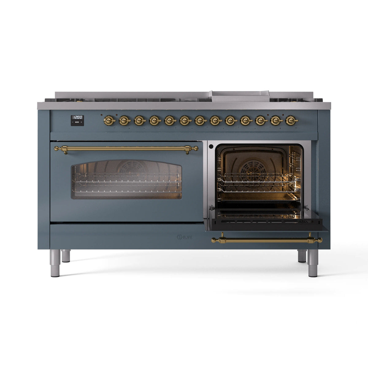ILVE freestanding dual fuel range, blue-grey with brass trim and right oven door open