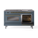 ILVE Nostalgie II 60-Inch Dual Fuel Freestanding Range in Blue Grey with Brass Trim (UP60FNMPBGGLP)