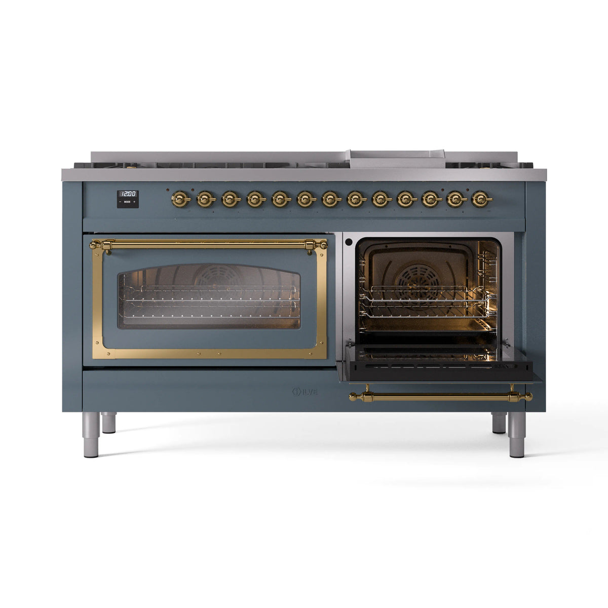 ILVE dual-fuel gas range with left oven door closed and right oven door open, brass-trimmed