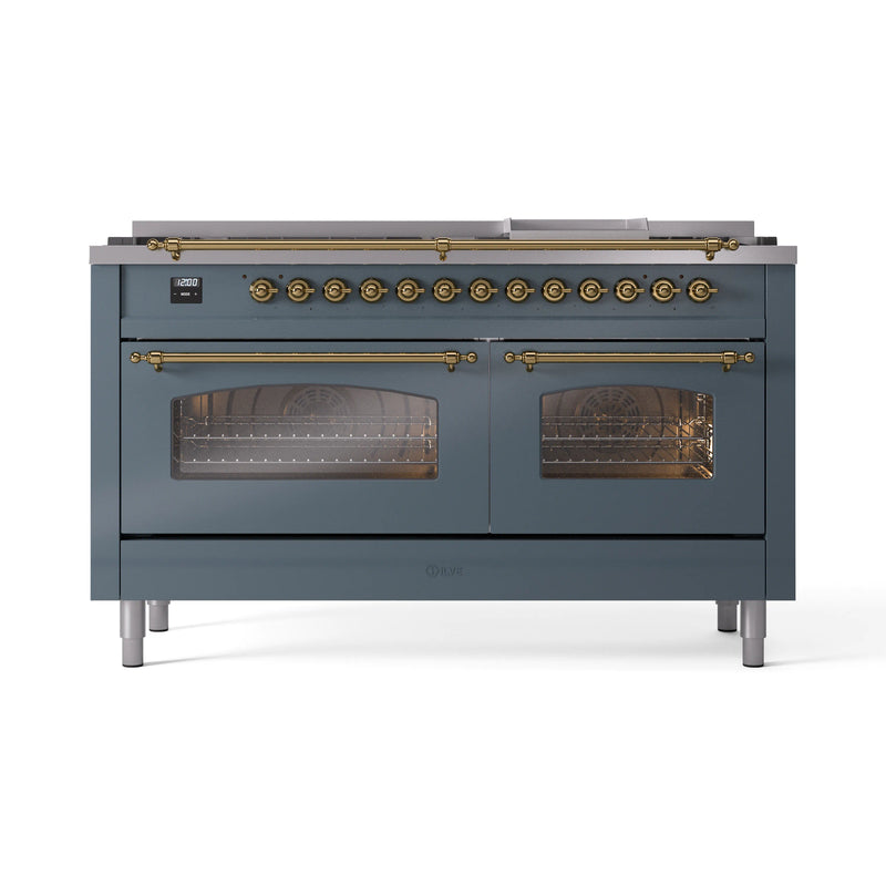 ILVE Nostalgie II 60-Inch Dual Fuel Freestanding Range in Blue Grey with Brass Trim (UP60FNMPBGG)