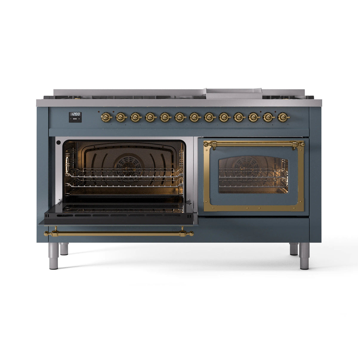 Blue-grey dual fuel range with brass trim; both oven doors open, burners visible