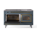 ILVE 60-Inch Nostalgie II Noblesse Dual Fuel Range with 9 Sealed Burners, Griddle, Triple Glass Door Oven in Blue Grey with Brass Trim (UN60FNMPBGG)
