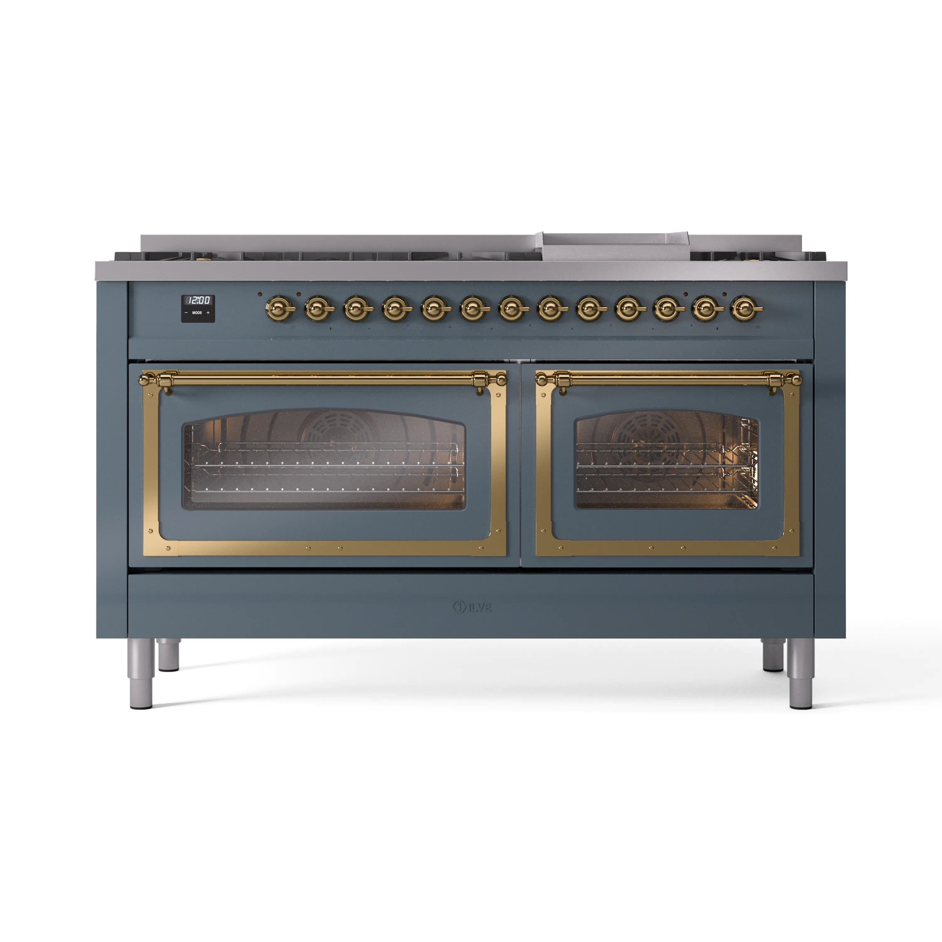 ILVE dual-fuel gas range front view, blue-grey body with brass trim and two oven windows