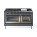 ILVE 60-Inch Nostalgie II Noblesse Propane Gas Dual Fuel Range  in Blue Grey with Brass Trim (UN60FNMPBGGLP)