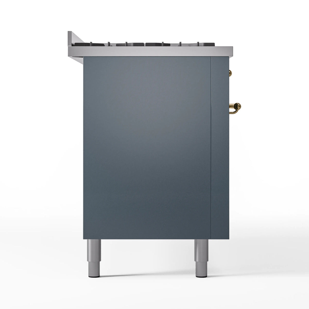 ILVE freestanding dual fuel range side/back panel in blue-grey with raised rear cooktop