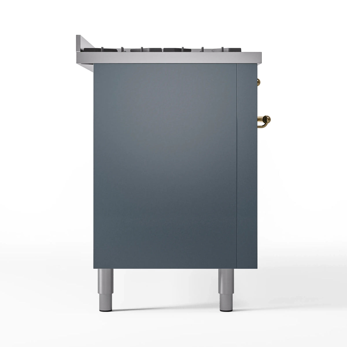 Left side panel of blue-grey freestanding dual fuel range with short legs