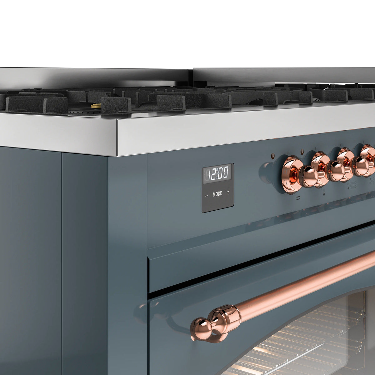 Blue grey range control panel with copper knobs and digital display