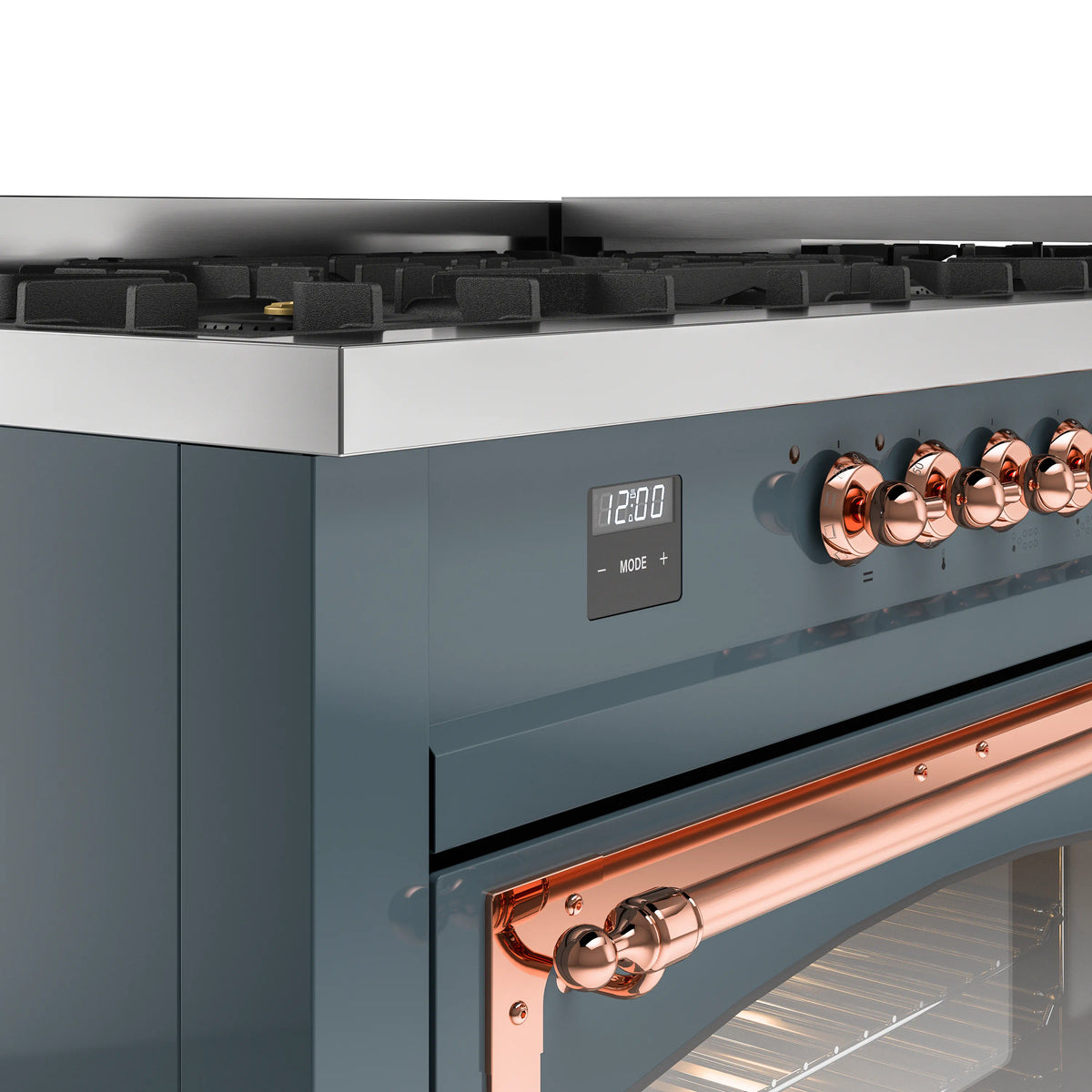 Blue grey range control panel with copper knobs and copper handle above oven door