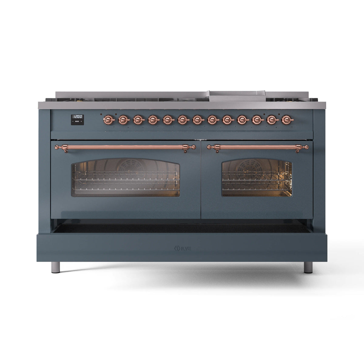 Blue grey range front view with copper control rail and glass oven windows