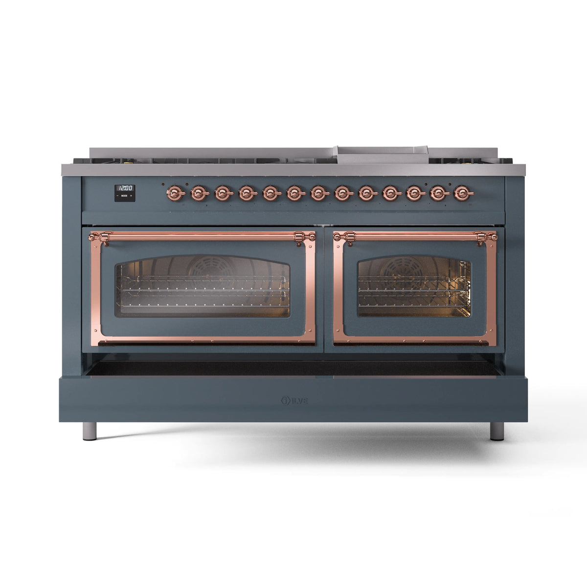 Blue-grey range with two oven doors, copper trim and five-burner cooktop