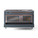 ILVE 60-Inch Nostalgie II Noblesse Natural Gas Dual Fuel Range   in Blue Grey with Copper Trim (UN60FNMPBGP)
