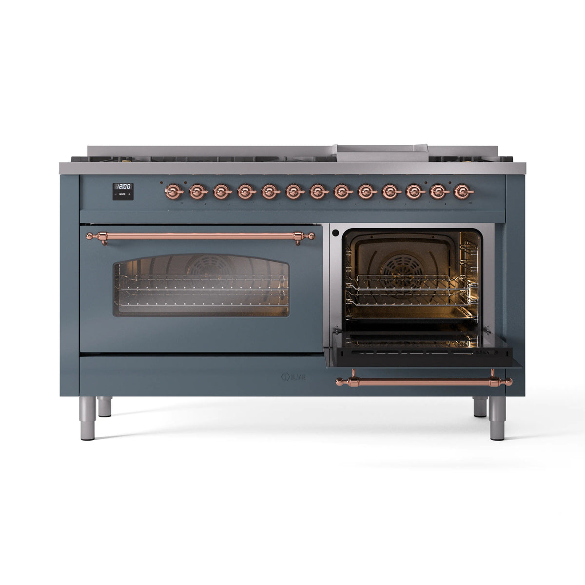 Blue grey range with left oven door closed and right oven door open