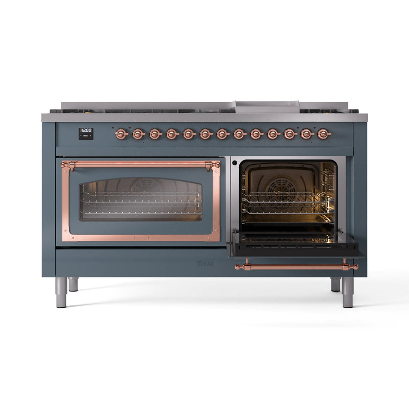 ILVE 60-Inch Nostalgie II Noblesse Dual Fuel Range with 9 Sealed Burners, Griddle, Triple Glass Door Oven in Blue Grey with Copper Trim (UN60FNMPBGP)