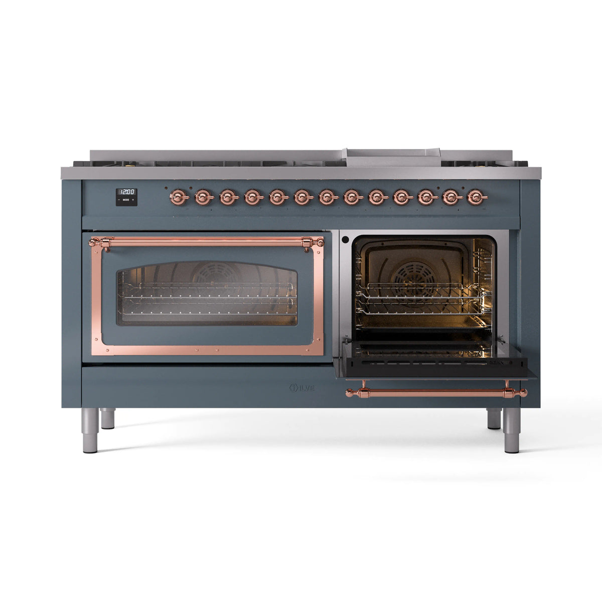 Blue-grey range with left oven open and right oven door closed, copper trim