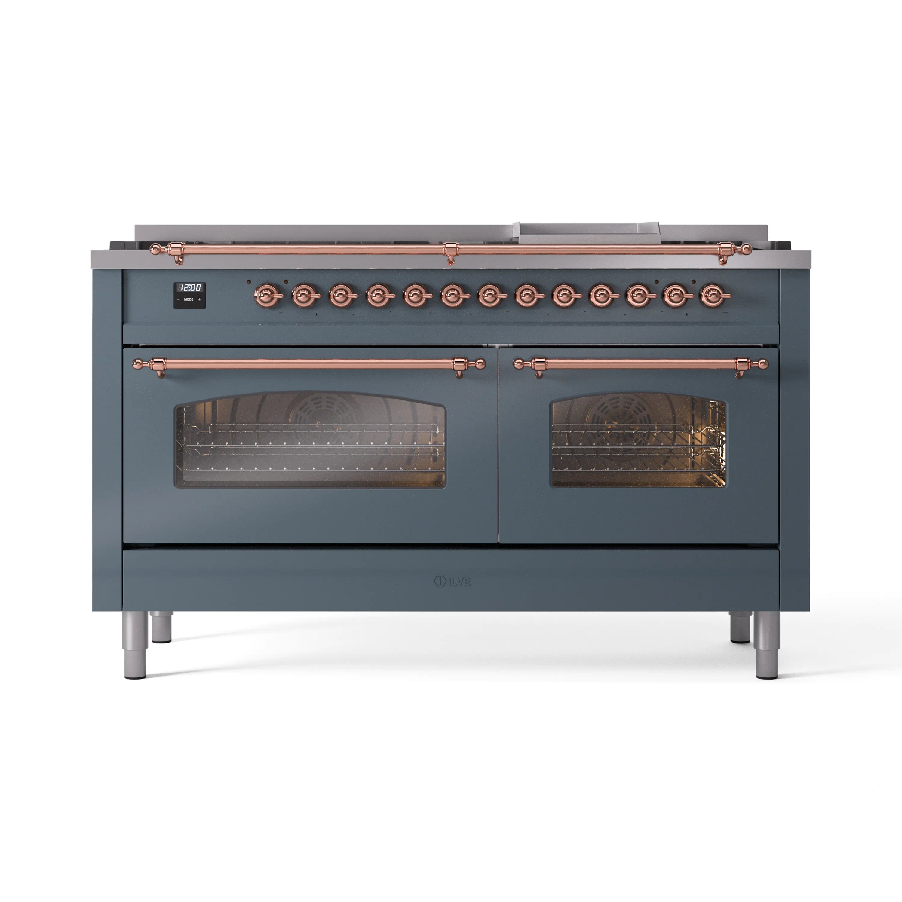 Blue grey dual fuel range with copper control rail and two glass oven doors