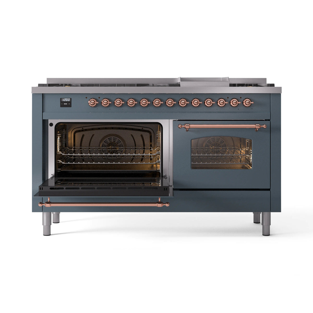 Blue grey range with left oven open and right oven door closed