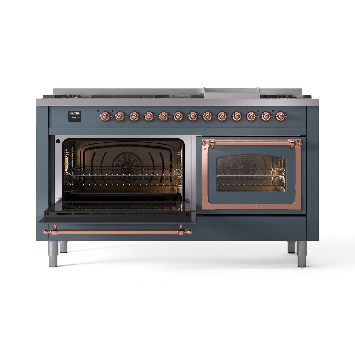 Blue-grey range with left oven open, right oven door closed, copper-trim frame