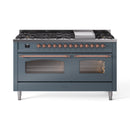 ILVE 60-Inch Nostalgie II Natural Gas Dual Fuel Range with 9 Burners, Griddle and Triple Glass Door Oven in Blue Grey with Copper Trim (UP60FNMPBGP)