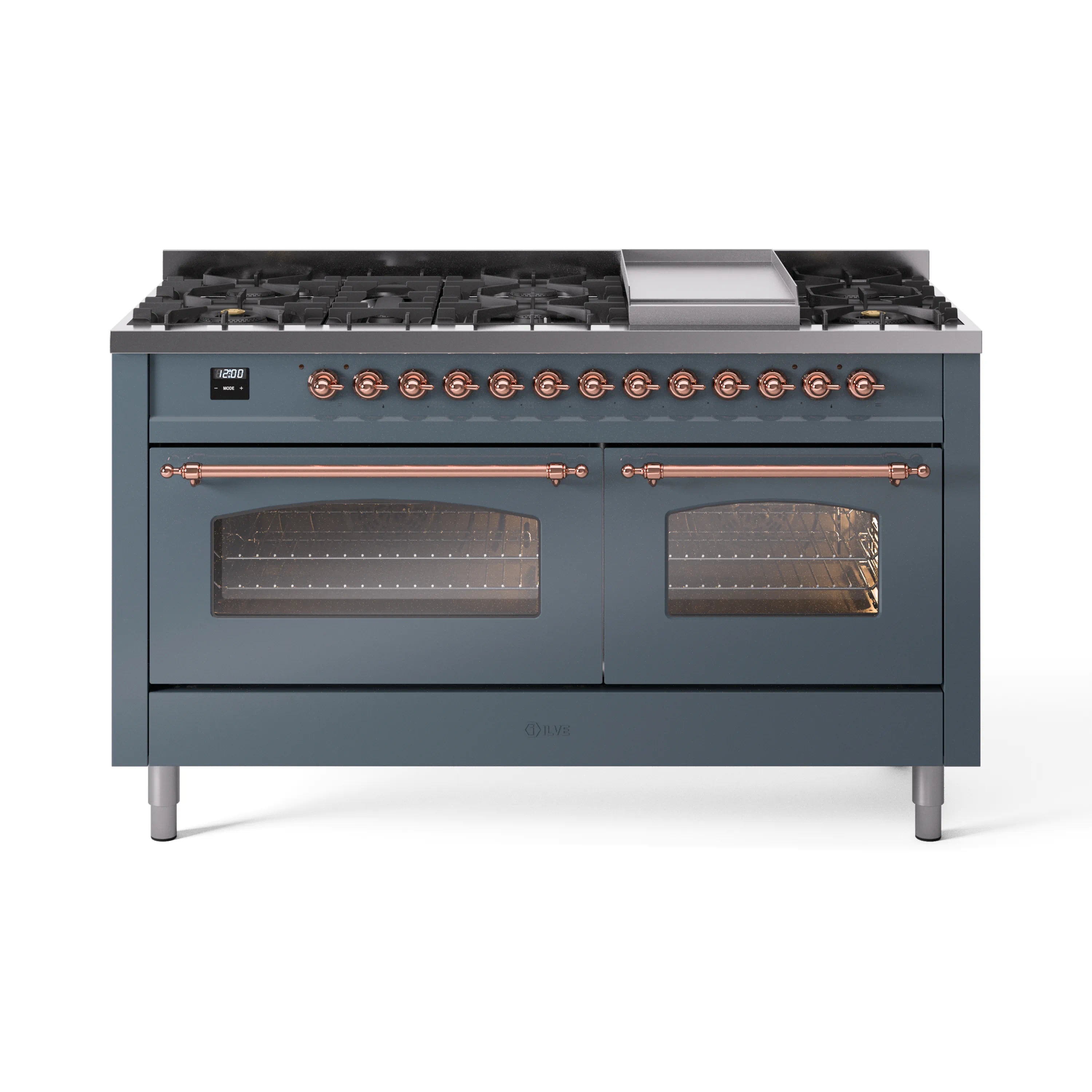 Blue grey gas range with black grates, copper knobs, and two glass oven doors
