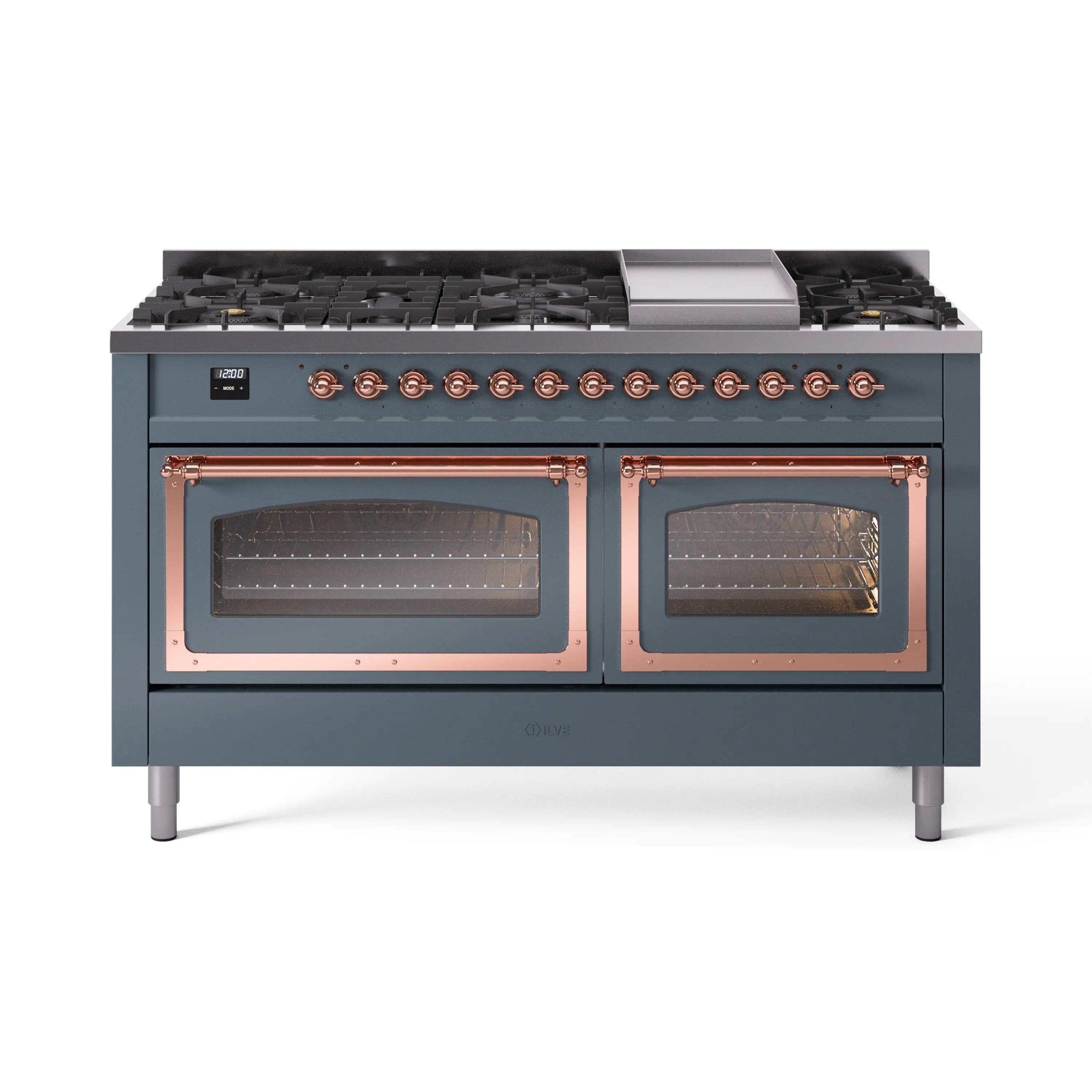 Blue-grey dual-fuel range with copper trim, two glass ovens and five burners