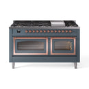 ILVE 60-Inch Nostalgie II Noblesse Natural Gas Dual Fuel Range   in Blue Grey with Copper Trim (UN60FNMPBGP)