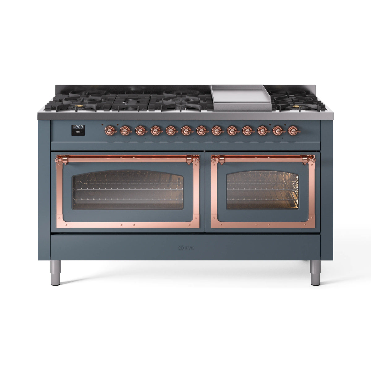 Blue grey dual-fuel range with cooktop burners and two oven doors with windows