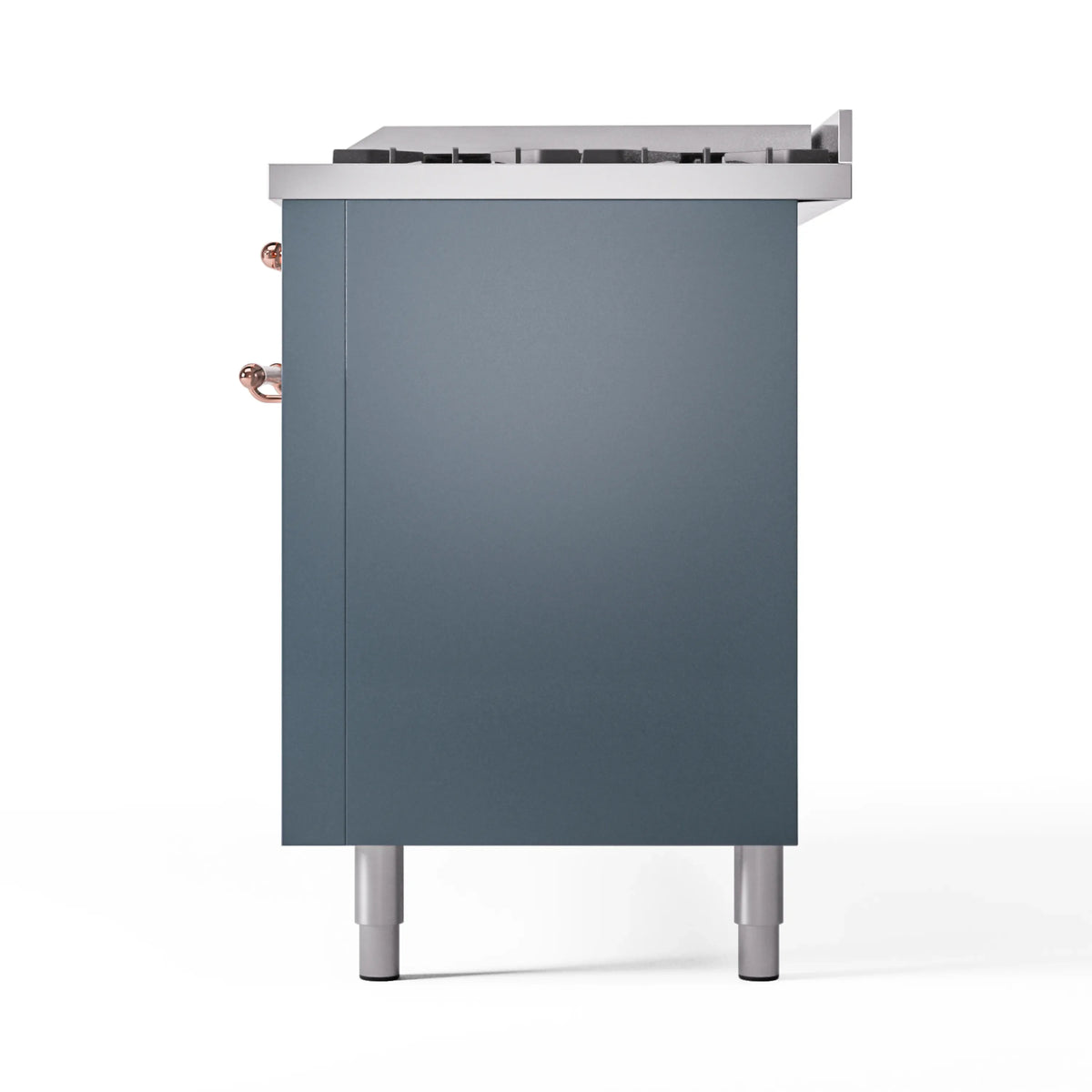 Blue grey range side panel with copper fitting and adjustable legs