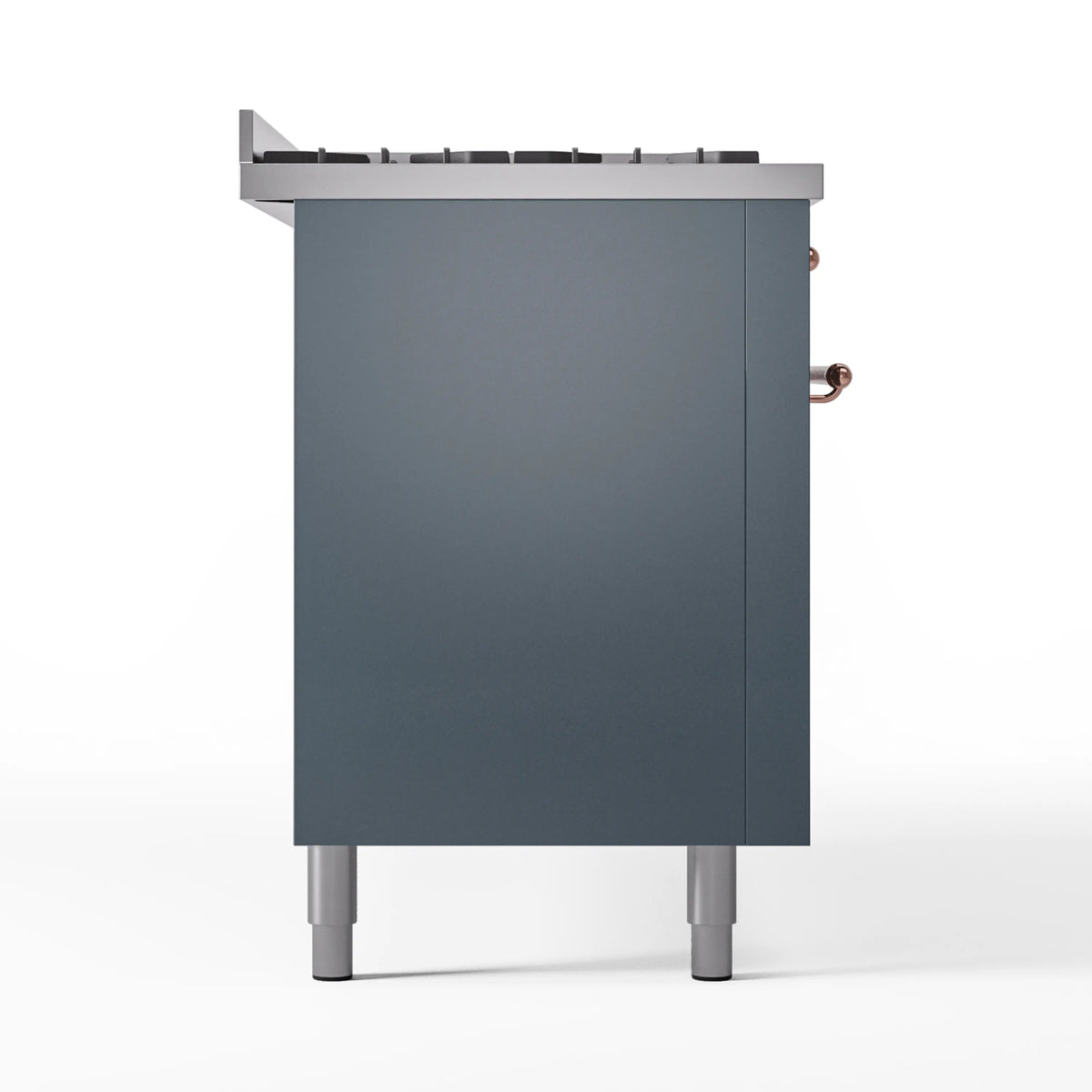 ILVE dual fuel range angled side view, blue-grey body with copper trim and burner grates