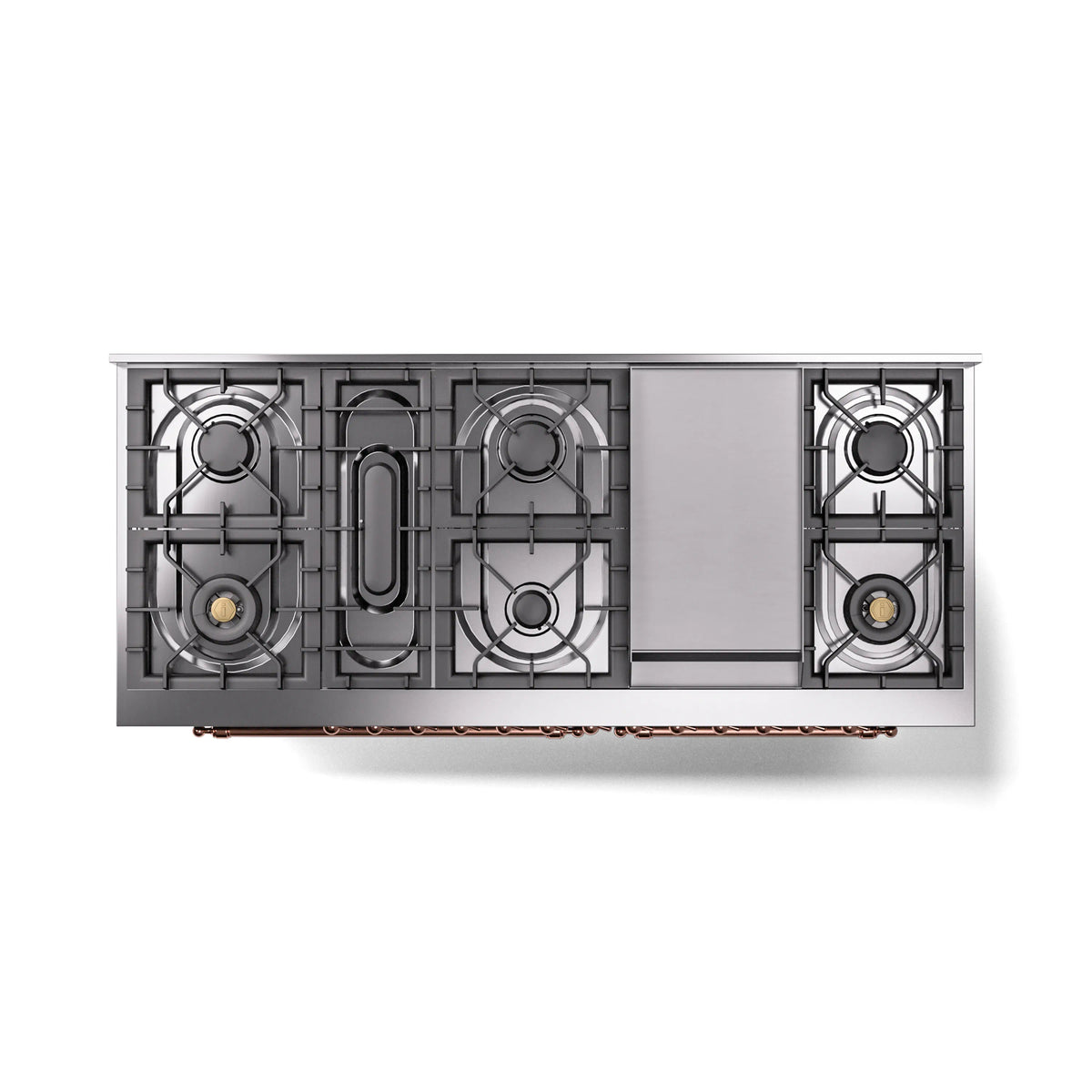 ILVE range underside view with exposed burners and copper-trim details on blue-grey cabinet