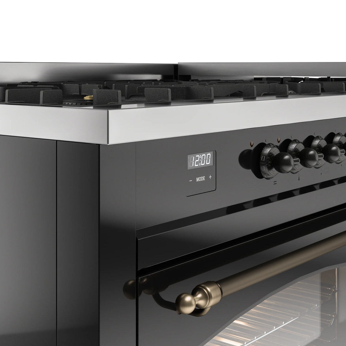 Black control panel with LED display, knob row, and burner grates along the top