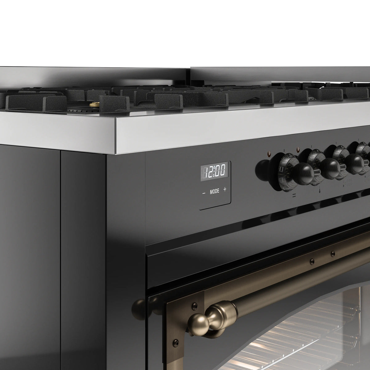 ILVE dual fuel range control area with knobs, glossy black front and bronze handle