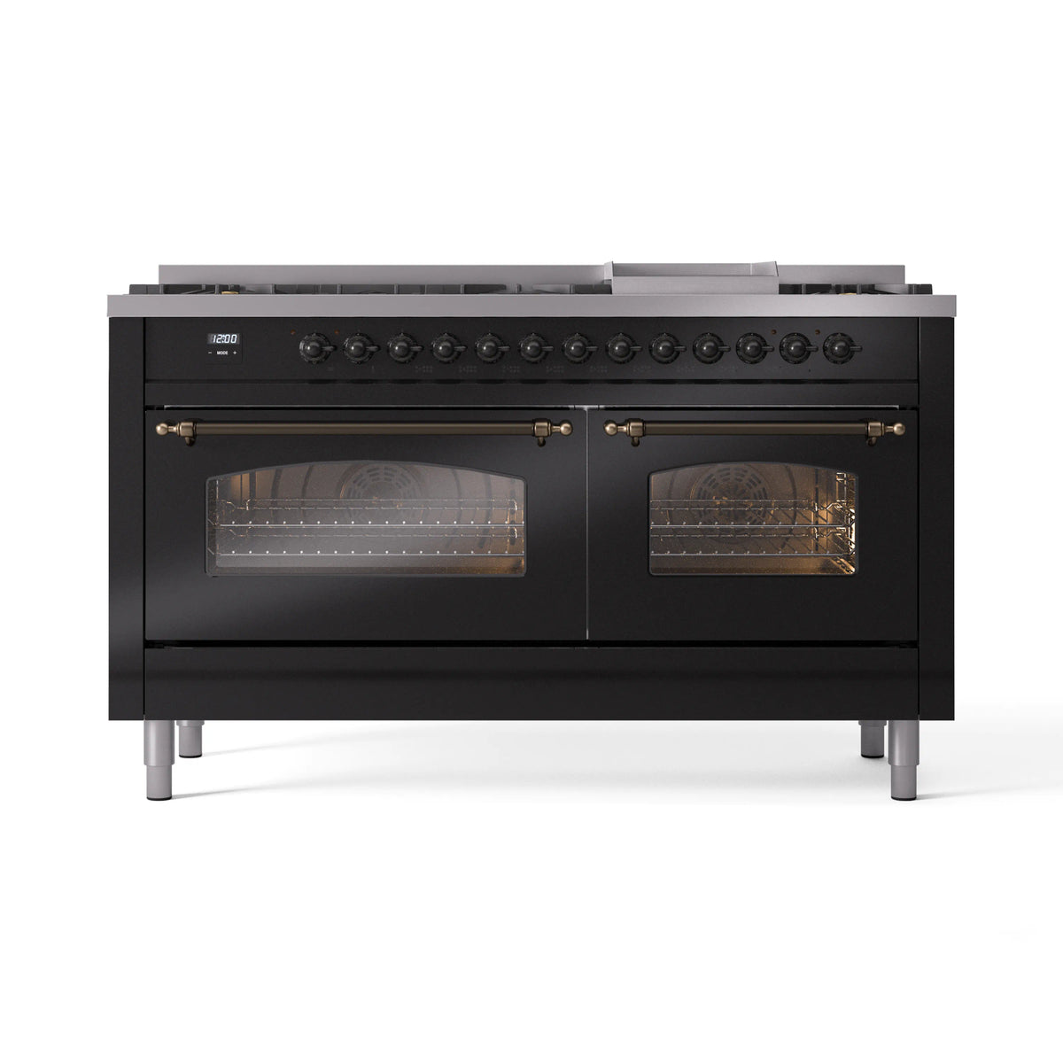 Glossy black dual fuel range with bronze trim, two oven doors, and nine burner knobs