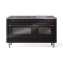 ILVE 60-Inch Nostalgie II Natural Gas Dual Fuel Range with 9 Burners, Griddle and Triple Glass Door Oven in Glossy Black with Bronze Trim (UP60FNMPBKB)
