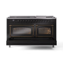 ILVE 60-Inch Nostalgie II Noblesse Propane Gas Dual Fuel Range with 9 Sealed Burners, Griddle, Triple Glass Door Oven in Glossy Black with Bronze Trim (UN60FNMPBKBLP)