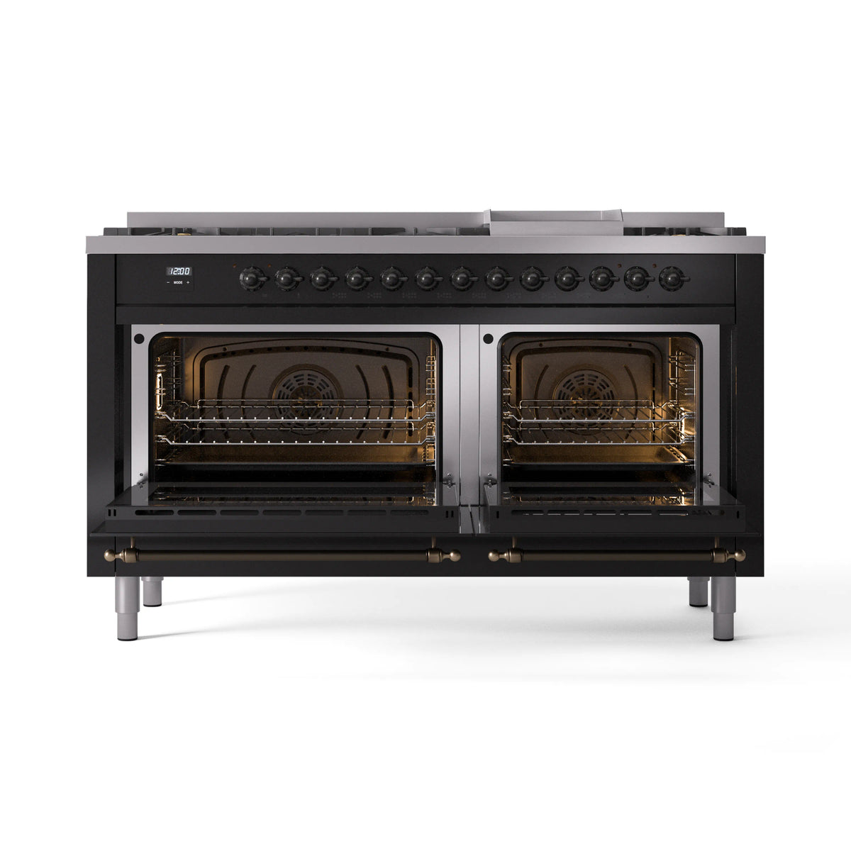 Black range with both oven doors open, showing racks and lit heating elements